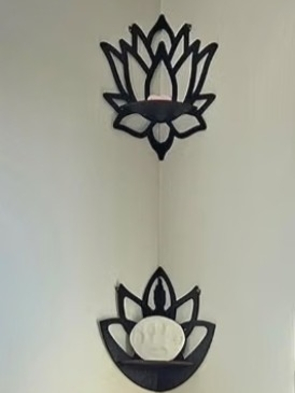 Black Lotus And Black Buddha Corner Wall Floating Shelves- Home Wall Decor